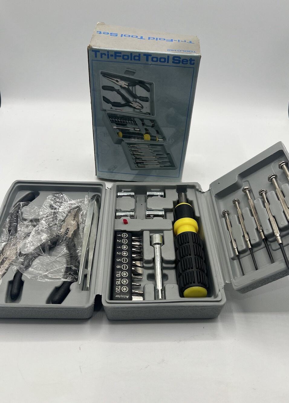 Tri-Fold Tool Set Folding Pocket Kit Screwdriver Bits Pliers Open Box